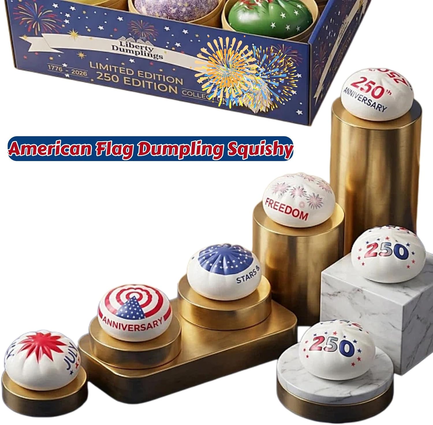 250th Anniversary Dumpling Squishy, 12 pcs Patriotic Dumplings Stress Balls with Food Steamer, American Birthday Party Favor, Memorial Day Decor Gifts (Baozi)