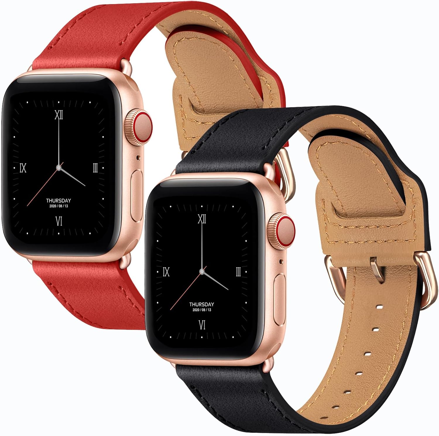 POWER PRIMACY Bands Compatible with Apple Watch Band 38mm 40mm 41mm 42mm for Men Women iWatch Series 10/9/8/7/6/5/4/3,SE(Black/Red +Rosegold Connector)