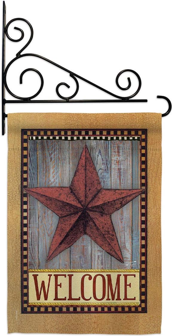 Welcome Country Barn Star Garden Flag Set Wall Holder Living Primitive Farm Western American Rustic Cowboy Rural Ranch Small Decorative Gift Yard House Banner Made In USA 13 X 18.5