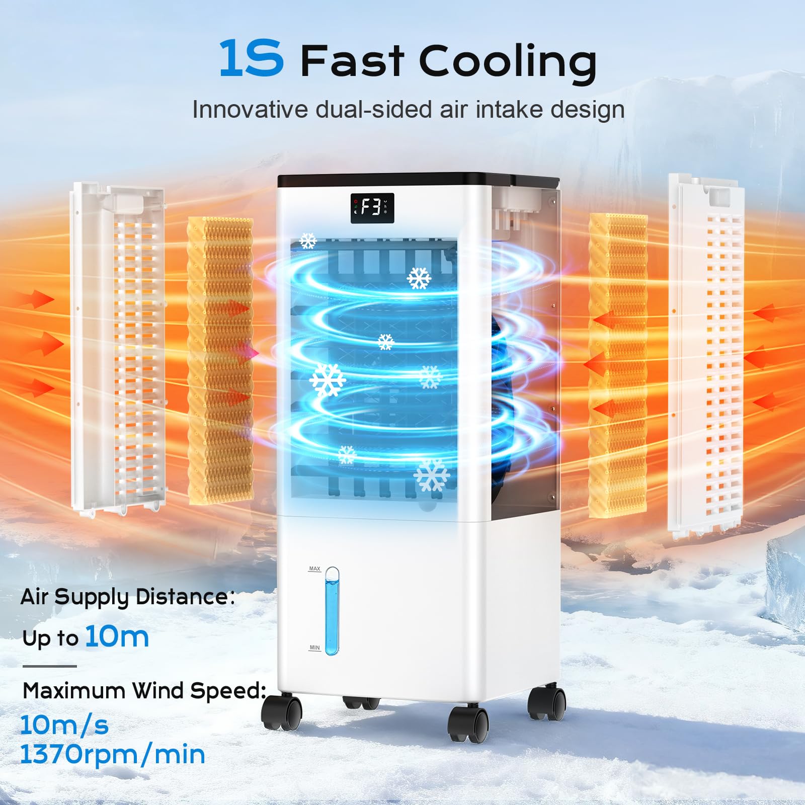 Climatiseur Mobile Silencieux Climatiseur Portable sans Évacuation Rafraîchisseur d'Air avec 2 Coussin d'eau, 12H Minuterie, 60W, 3 Vitesses, 3 Modes, Télécommande pour Chambre, Bureau, Maison