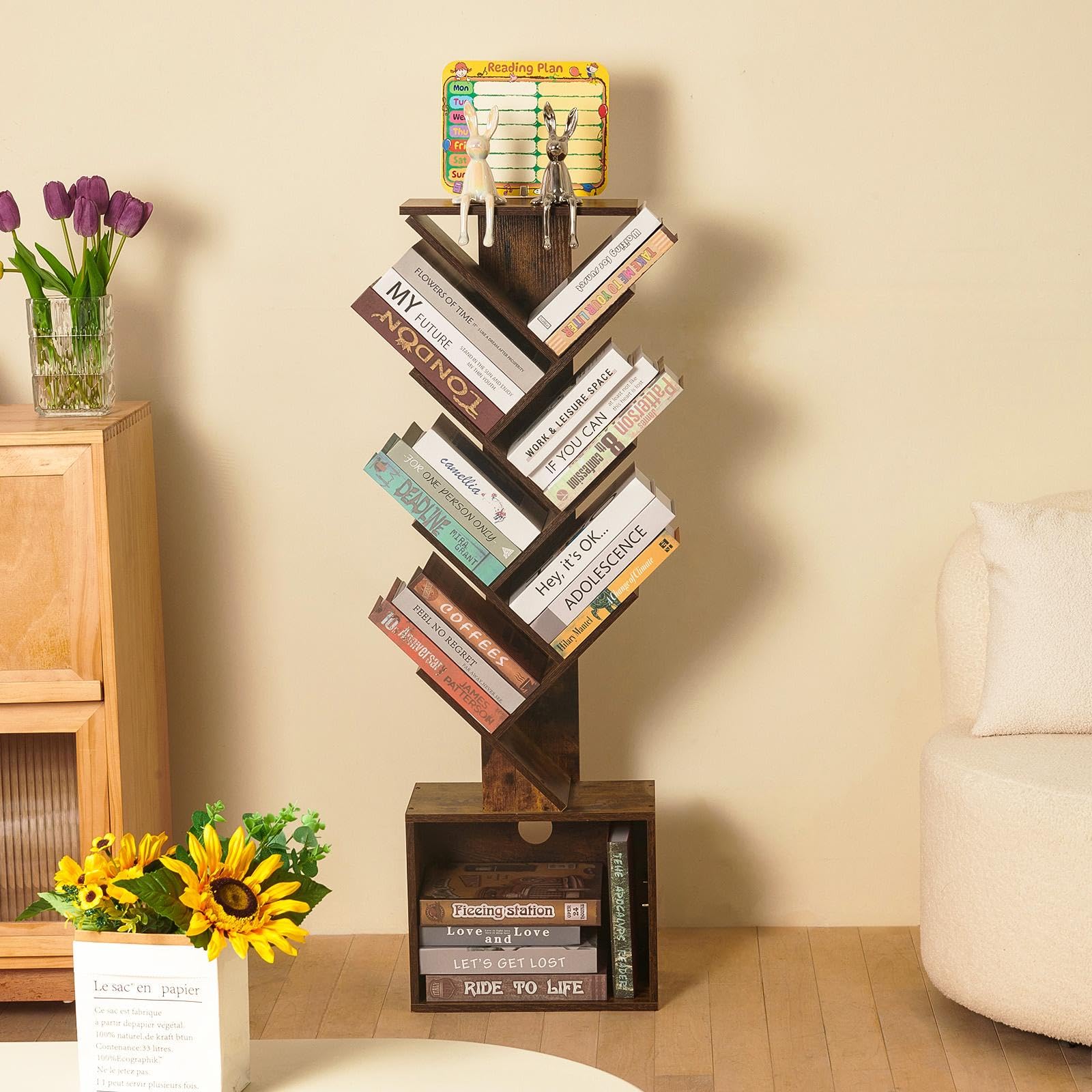 7 Tier Tree Book shelf, Small Bookcase with Reading Planner and Activity Panel, Modern Floor Standing Corner Tall Narrow Storage Cabinet Bookshelves