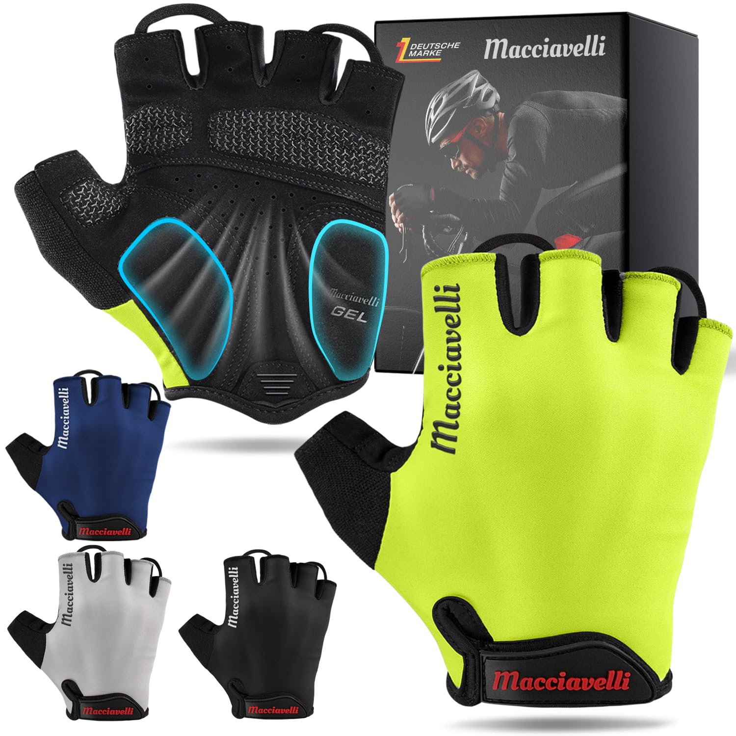 MACCIAVELLI Gants de cyclisme pour homme rembourrés respirants sans doigts avec inserts en gel VTT vélo route