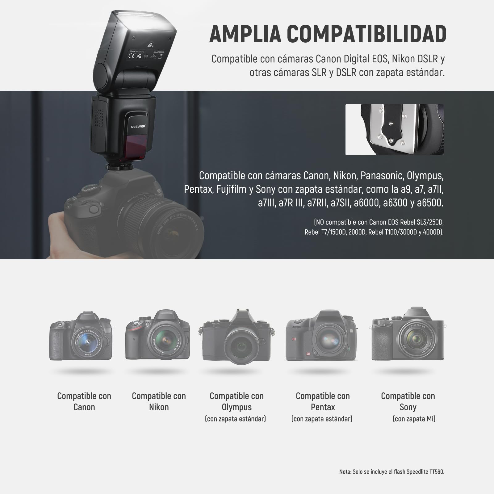 NEEWER TT560 Flash Speedlite Compatible con Canon Sony Nikon Panasonic Olympus Pentax y Otros DSLR, iluminación de Estudio, cámara Digital, con Garra Soporte para Accesorios estándar, Mini Soporte