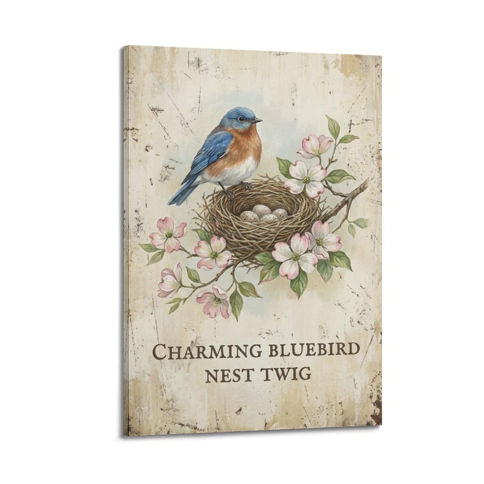 OKAHYS Botanical Charming Bluebird Nest Poster Songbird Garden Modern Decorative Canvas Prints - Ideal Wall Art for Family, Man Cave, Game Room, Boys & Girls Bedroom 20x30inch