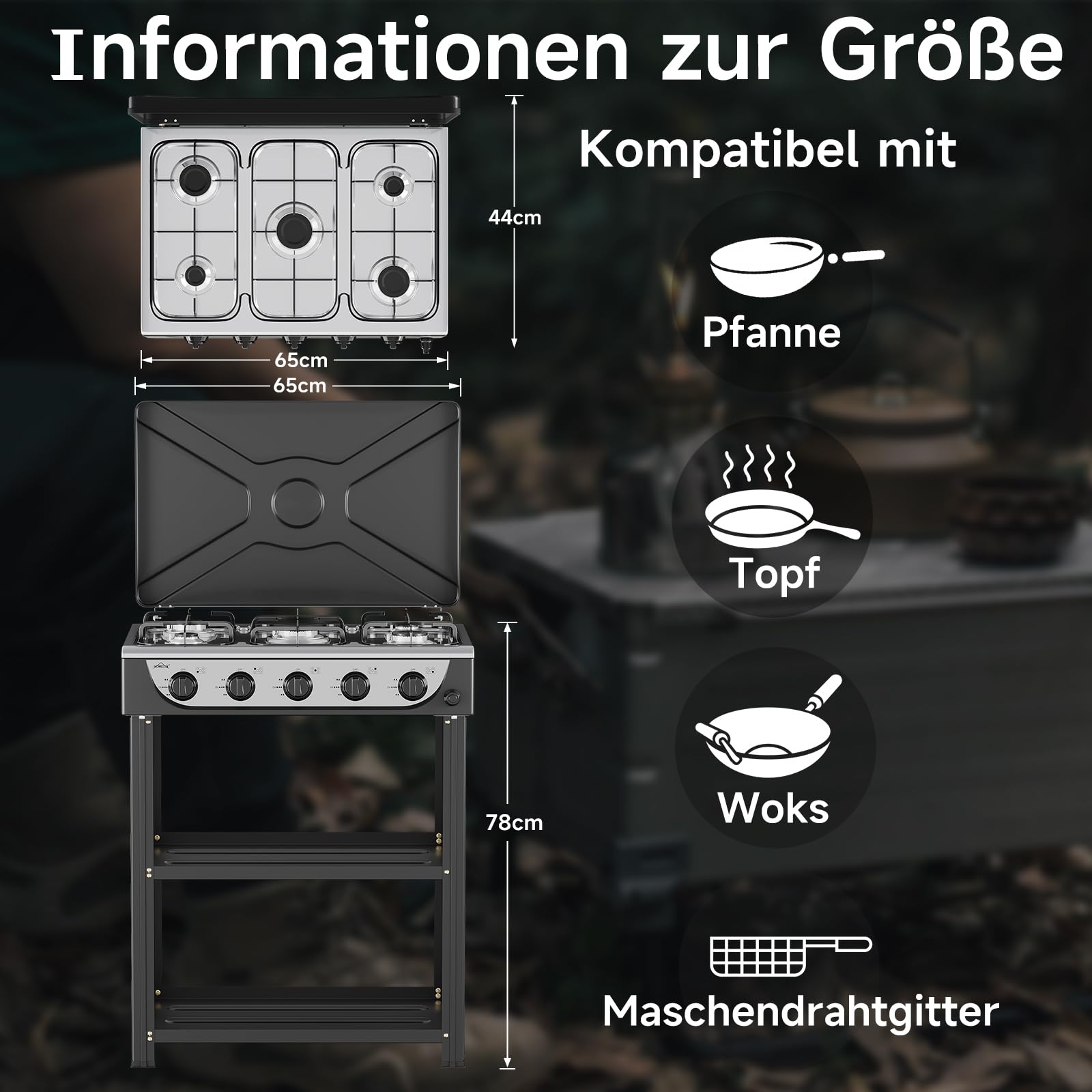 HOMELUX 7,2 KW Gaskocher Campingkocher 5 Flammig mit 1,5M Anschlussschlauch Druckminderer 50 mbar