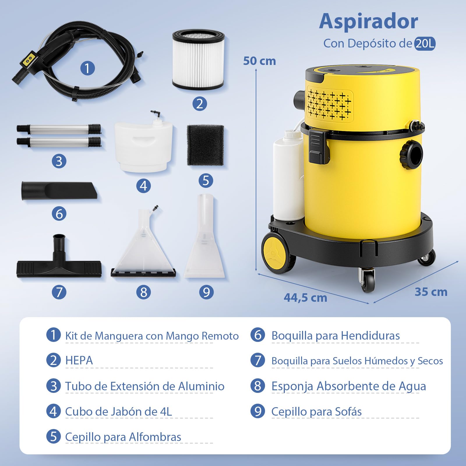 COSTWAY 4 en 1 Aspiradora en Seco y Húmedo 1200W, Máquina Limpiadora de Alfombras y Tapicería con Succión Máxima de 17 KPA, 20L+4L Depósito Agua y Accesorios para Piso, Escalera, Sofá, Coche