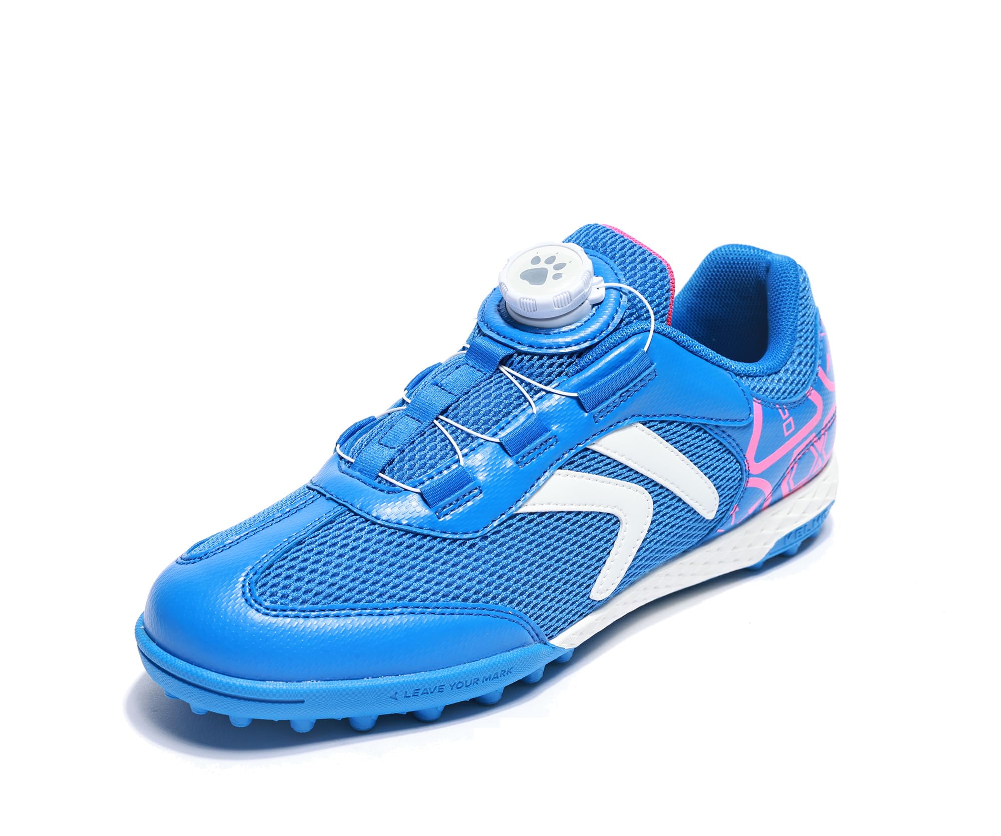 KELME Kids' Indoor Soccer Shoes, Mesh Turf Futsal Shoes, Turn-Lock Lace, Boys Girls Football Baseball Cleats Youth Blue-White Big Kid Size 4