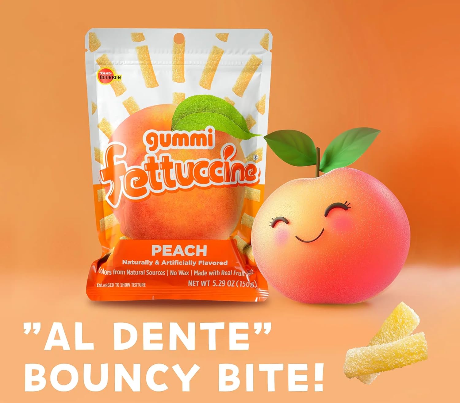 Bourbon Fettuccine Gummi Peach 6 -Pack – Japanese Tangy & Chewy Gummy Strips with Real Fruit Juice Share Size (5.29 OZ)