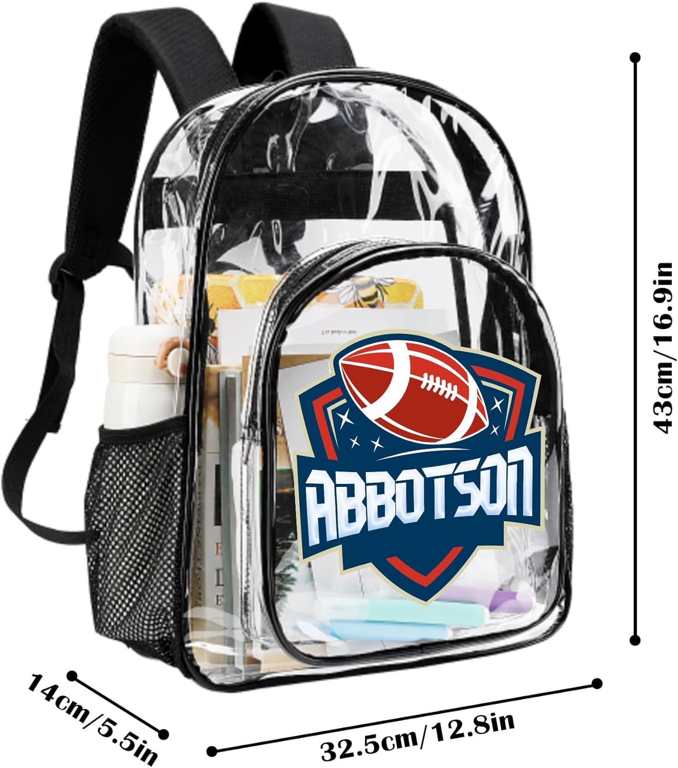 Personalized Football Clear Backpack for Boys Girls, Customized Kid Bookbag with Name, Heavy Duty Transparent Backpack with Reinforced Strap, Back to School Gifts Customized Kids School Bag