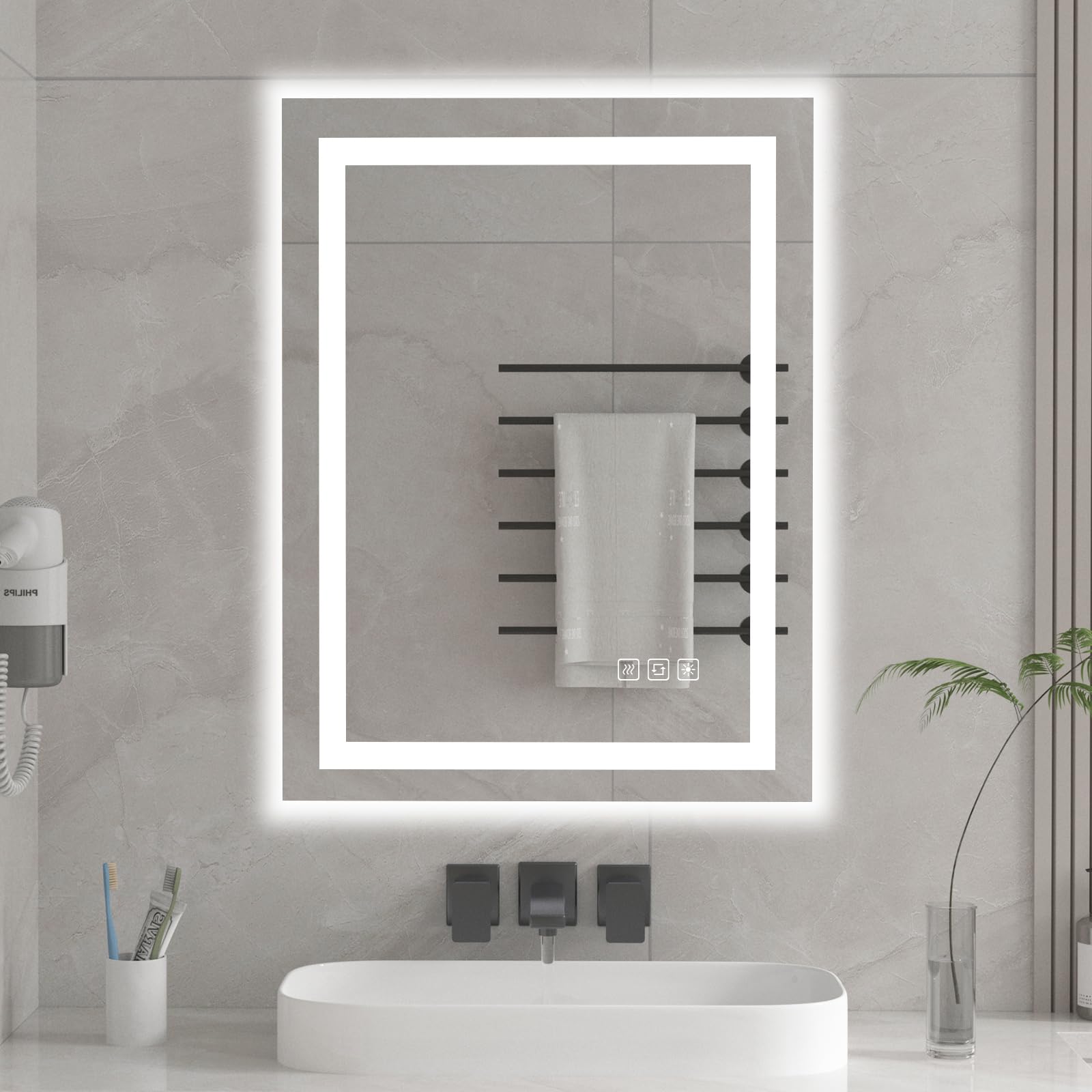 furduzz 600x450 mm Led Bathroom Mirror with Front and Backlight, Illuminated Backlit Bathroom Mirror with LED Lights, Anti-Fog, Memory Function, 3 Colors, Shatter-Proof Wall-Mounted LED Vanity Mirror — image 1