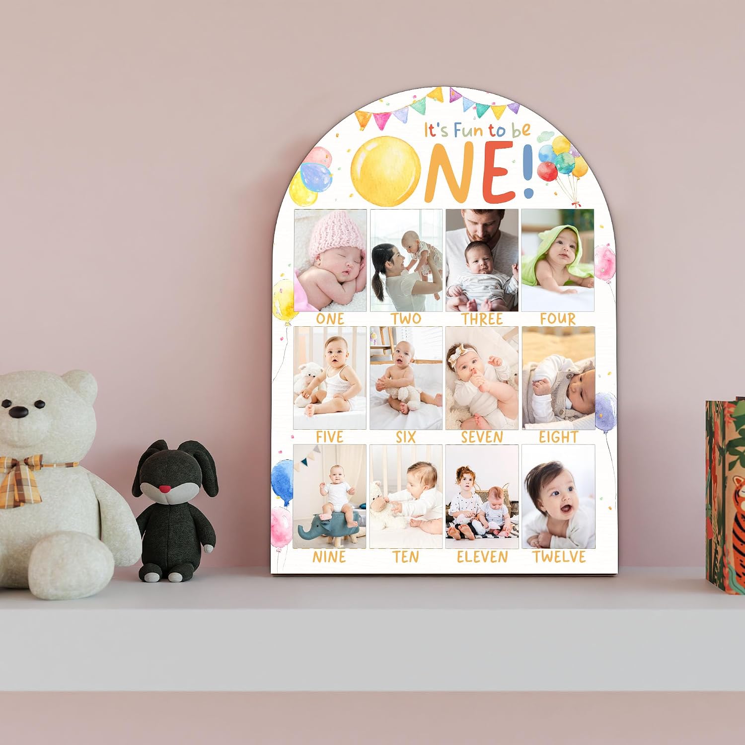 Balloon My First Year Photo Board, It's Fun to Be One Birthday Decoration Photo Frame, 12 Monthly Baby Milestone Wooden Sign, Gender Neutral Nursery Decor for Girl Boy, Baby Keepsake Gifts-A11