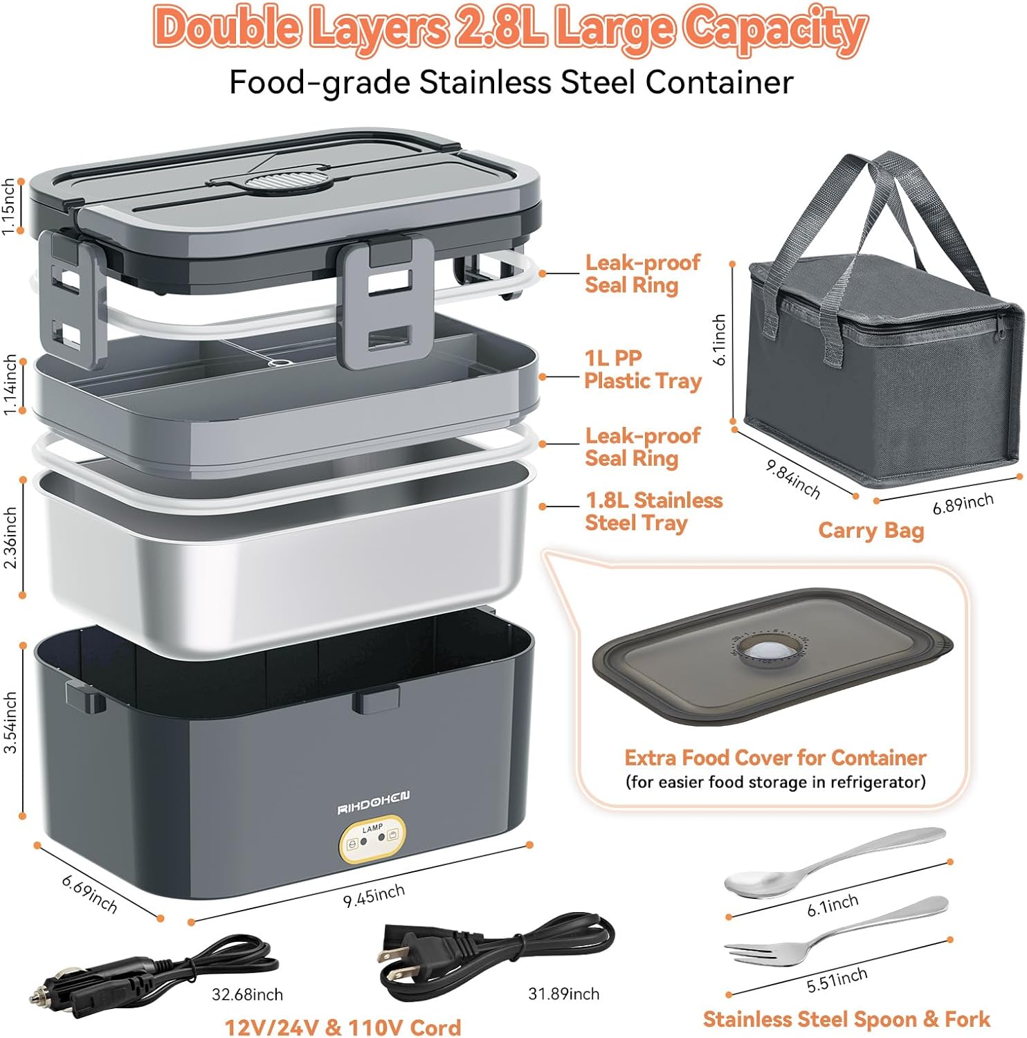 80W Faster Larger Electric Lunch Box Heater 2.8L with 2 Layers for Car Truck Work Home, 12V 24V 110V Portable Stainless Steel Food Warmer, Leak-proof Lunch Heater with Bag, Spoon, Fork for Adults