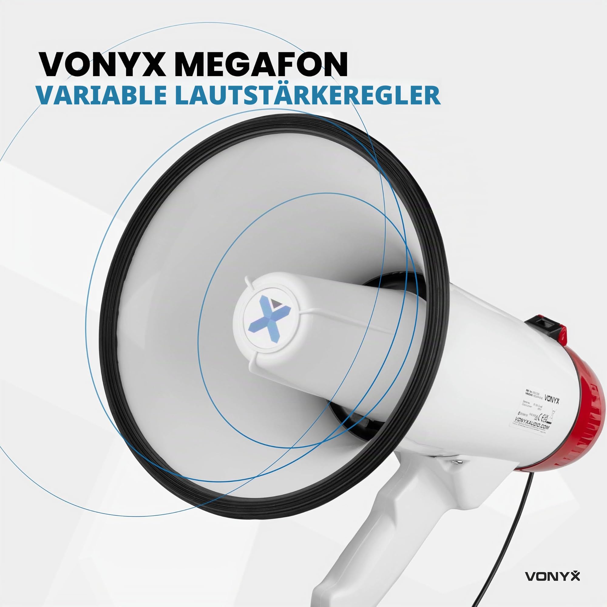 Vonyx MEG045 - Akku Megaphone mit Sirene und Mikrofon, inkl. 2X Akkus, Bluetooth, Aufnahmefunktion, 45 Watt Megafon, bis 1000 Meter Reichweite, Megaphon mit Umhänge-Gurt, MP3, USB, SD, Weiß/Rot