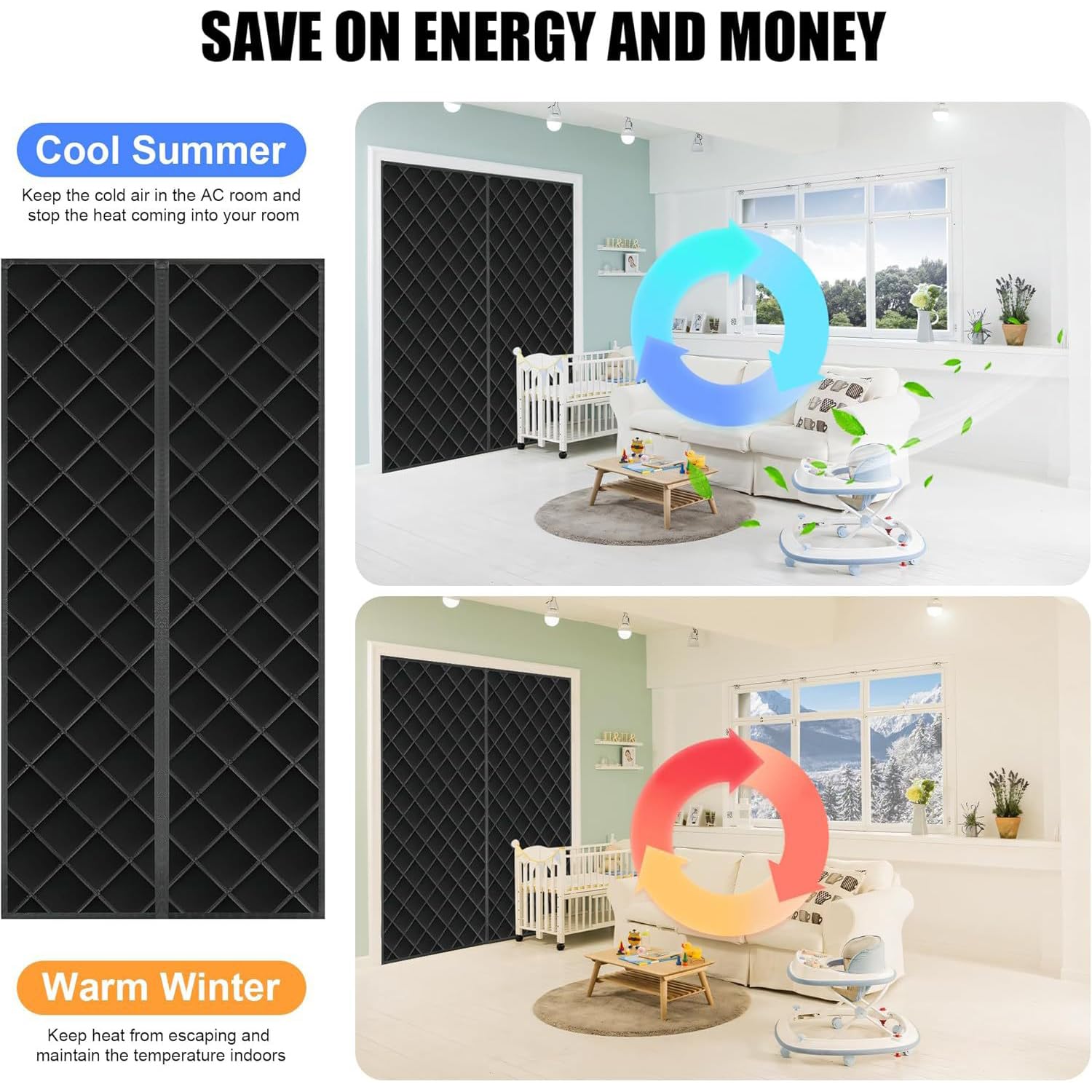 Tenda termica magnetica per porta, spessa, insonorizzata e resistente alle intemperie, per porte d'ingresso, in tessuto imbottito di cotone, 90 x 210 cm, soluzione a risparmio energetico