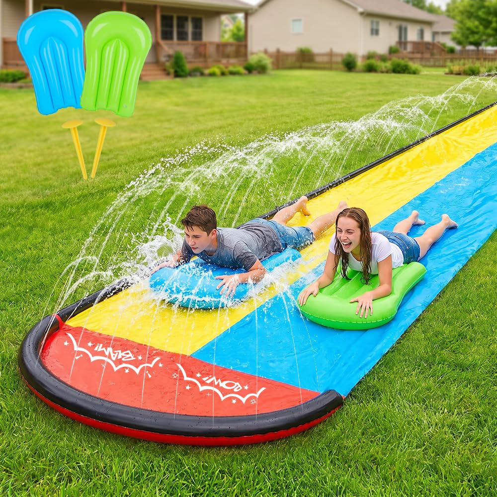 Agarte 610cm/20ft Water Slide Mat, Slip water Slide Lawn Waterslide with 2 Bodyboards, Slip and Slide Water Slide