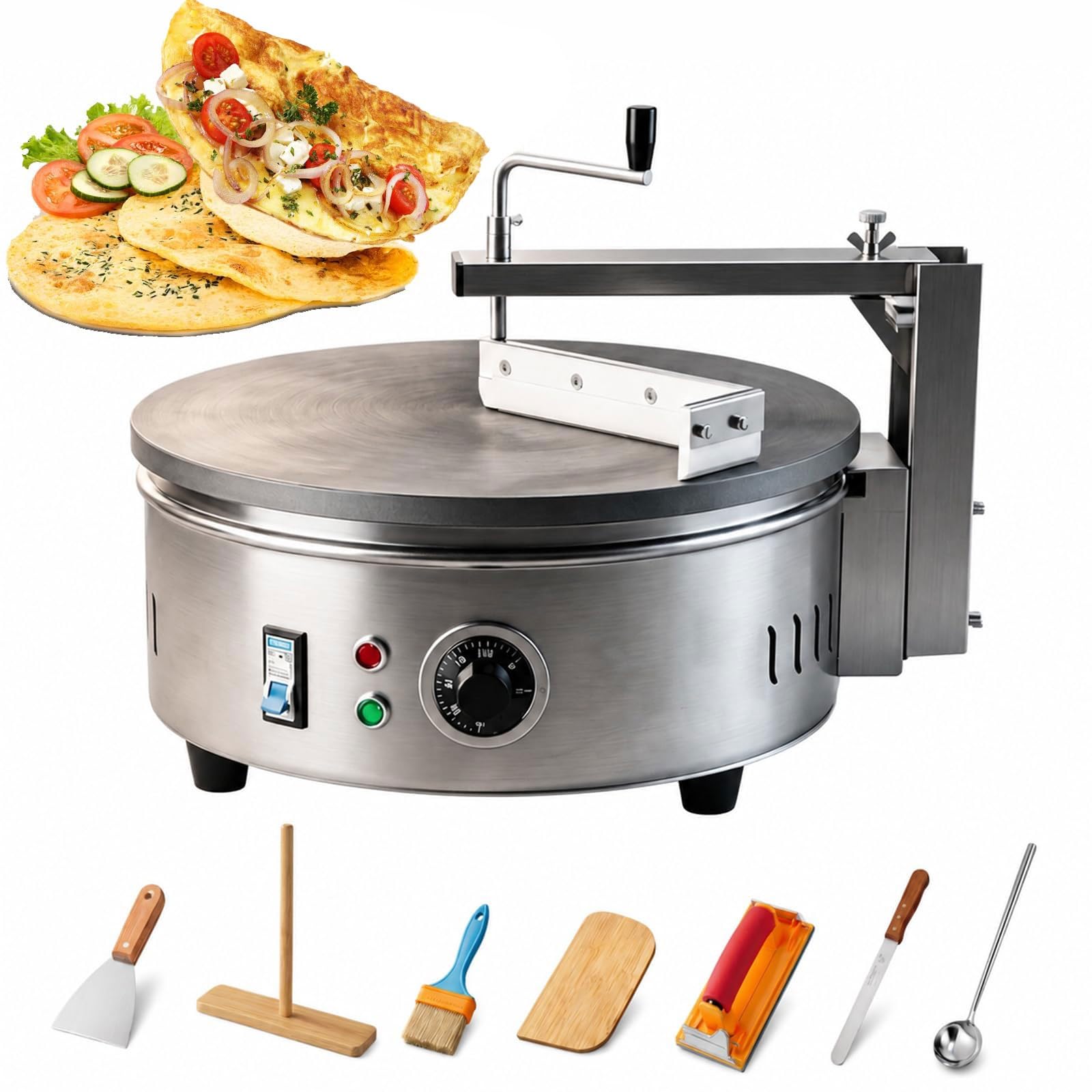 GYKOZY 220v 40cm Non-Stick Electric Crepe & Pancake Maker,for Snack Shop,Semi Automatic,Pancake Griddle Hotplate,7 Auxiliary Tools,Adjustable Temperature,for Home