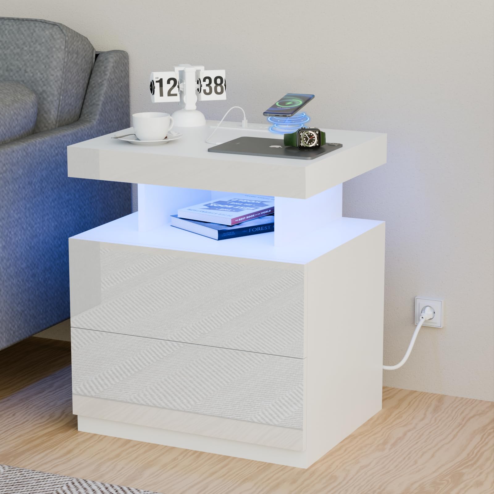HOMMPA LED Nightstand with Wireless Charging Station & USB Ports, 2 Drawer Night Stand with LED Light RGB Adjustable Brightness, Smart Nightstand High