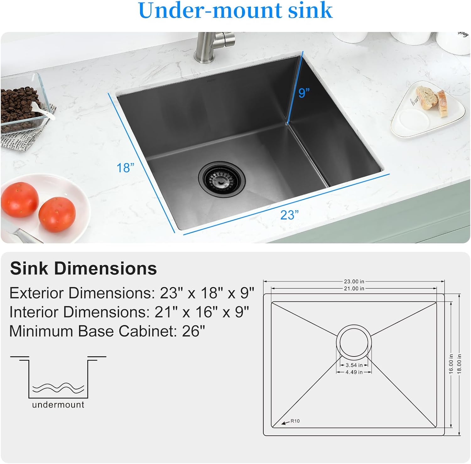 PEPO Black Undermount Bar Sink 23X18 Inch Kitchen Sink 16 Gauge Gunmetal Black Stainless Steel Single Bowl for Prep Kitchen Sinks Outdoor