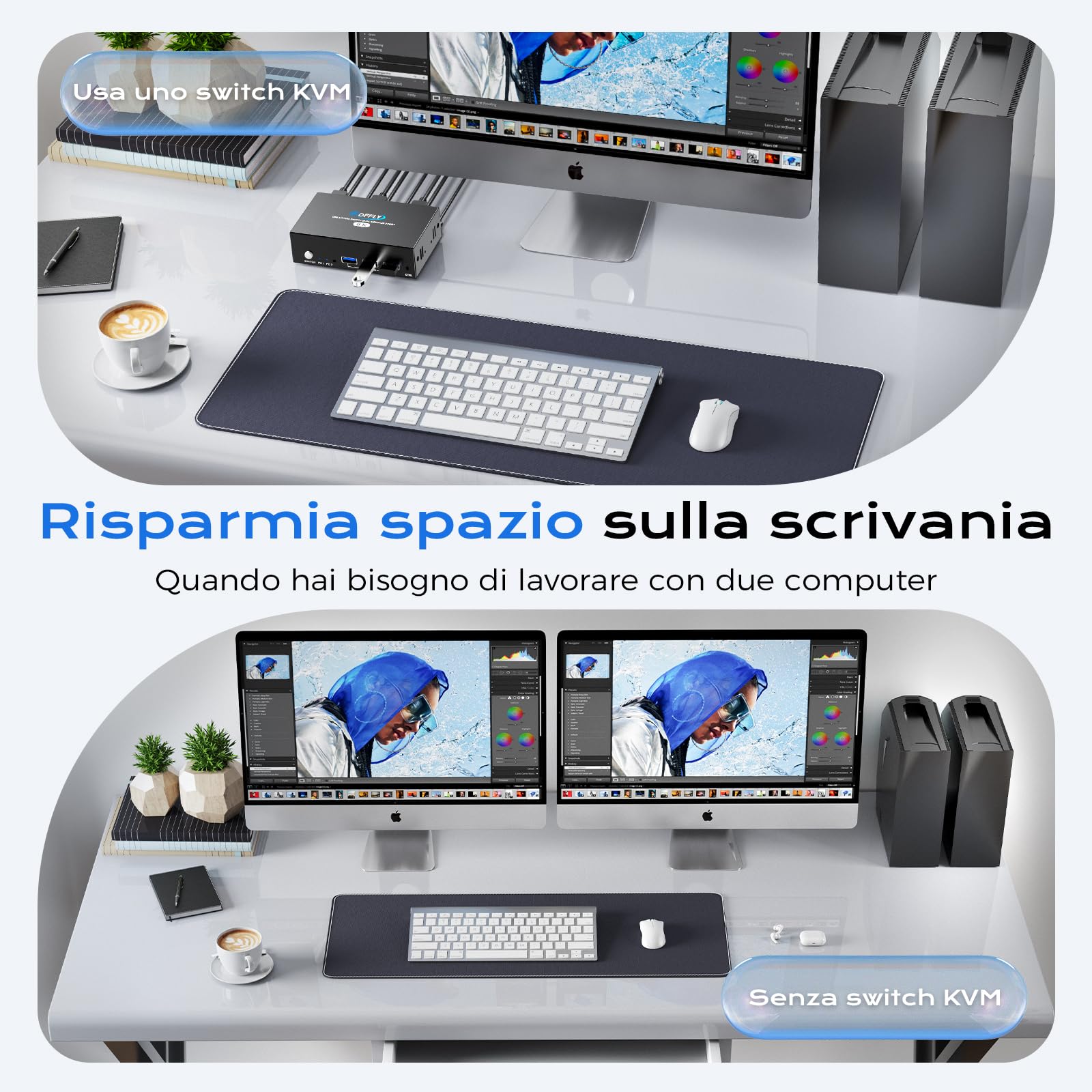 Switch KVM HDMI 2 Monitor 2 Computer 8K 60Hz, Supporta emulatore EDID, 4K 120Hz USB 3.0 Dual Monitor KVM Switch per 2 computer Condividi 2 Monitor e 4 dispositivi USB 3.0, KVM con telecomando cablato