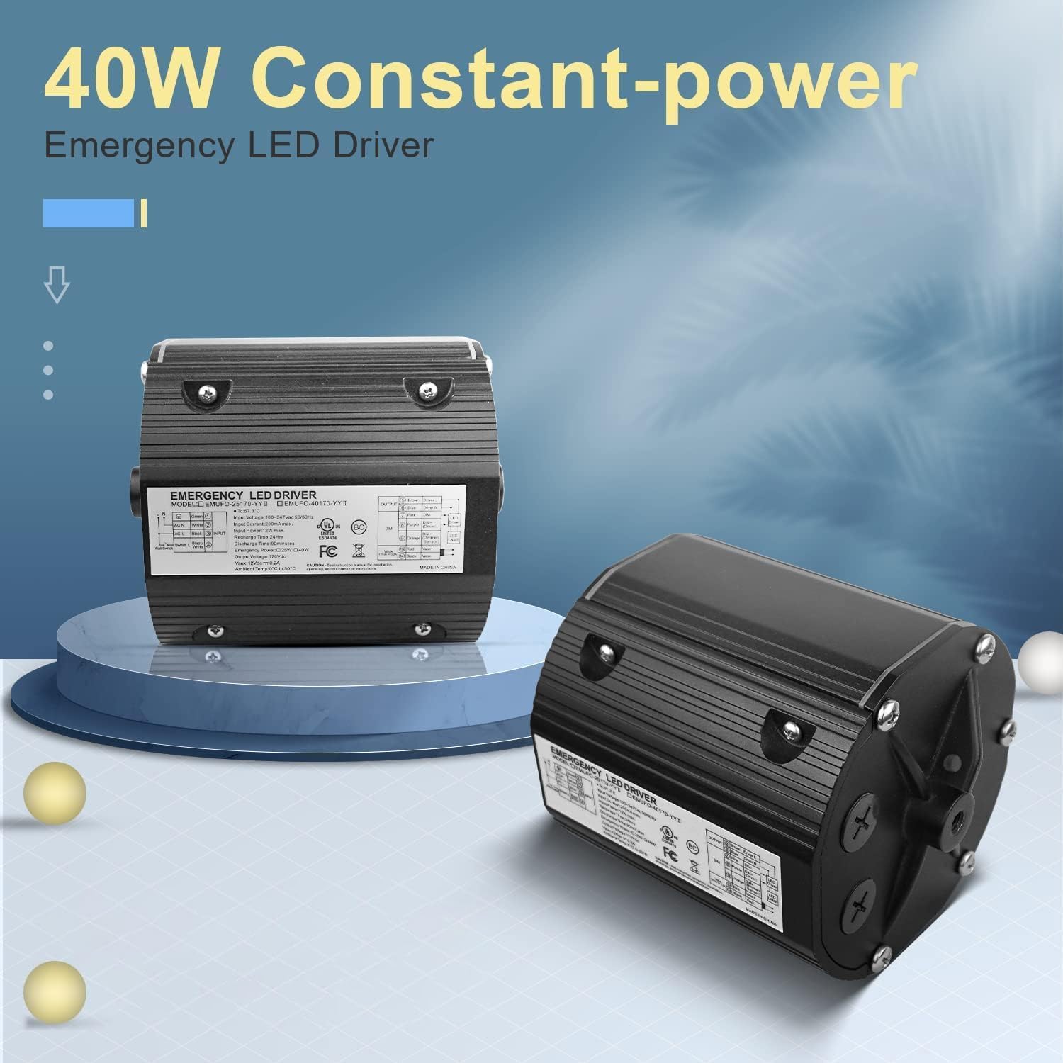 40W LED Emergency Backup Battery for UFO High Bay Light, 0/1-10V Dimmable Emergency LED Driver, Emergency Time 90 Minutes, AC Input 100-347V Output DC170V, UL Certified 5 Years Warranty (1-Pack)