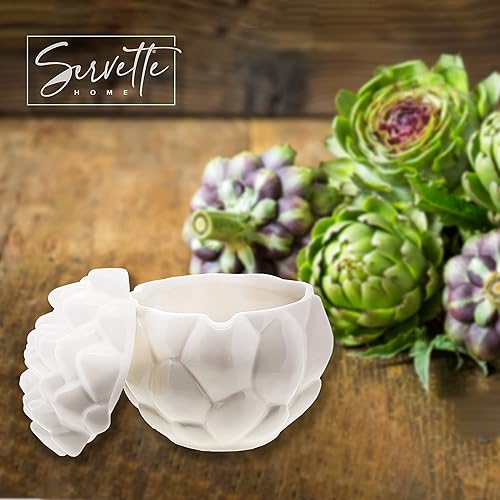 Vista 3 de Servette Home Tarro de condimento de azucarero grande de alcachofa con tapa - blanco