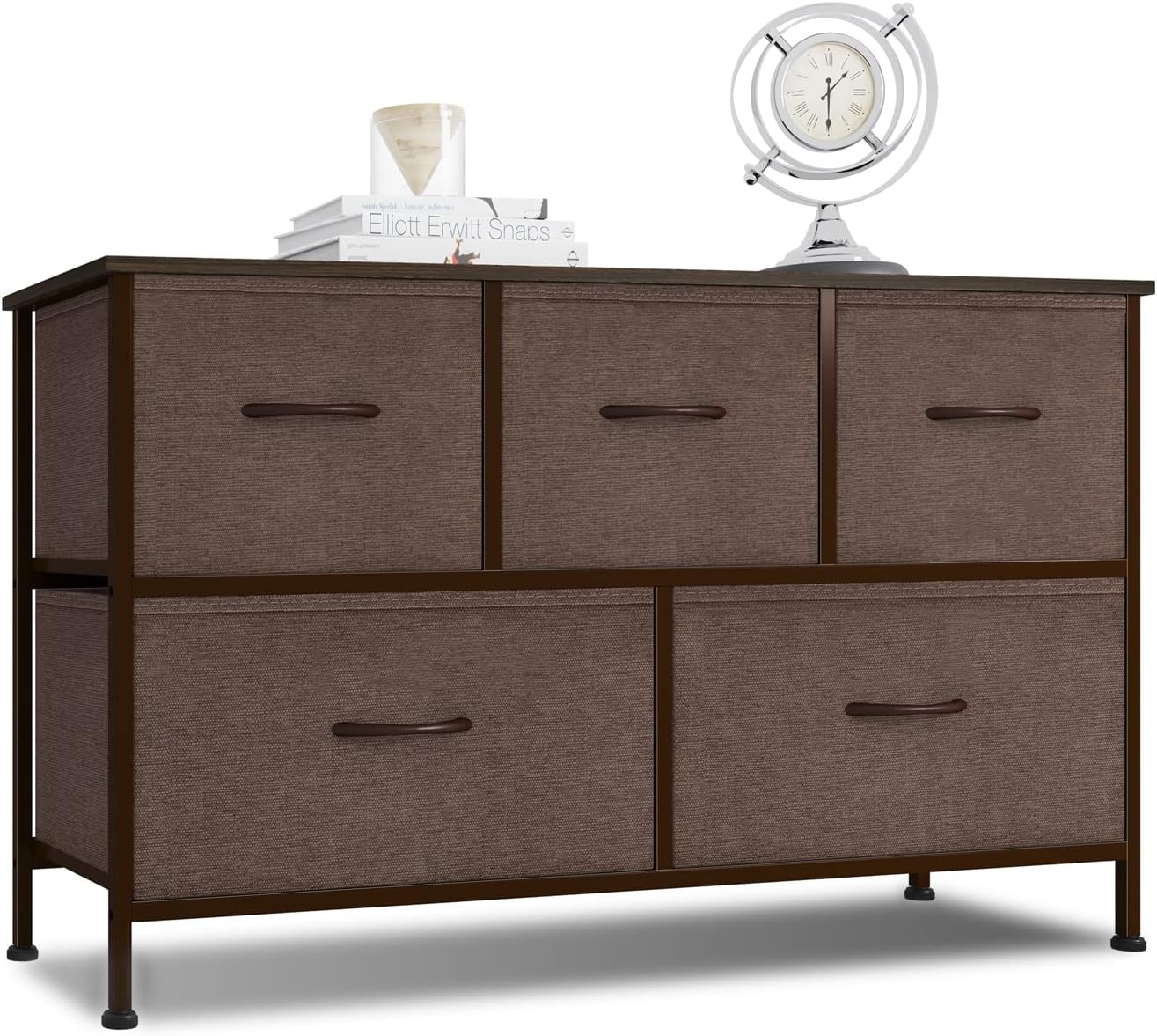 REYADE Dresser with 5 Drawers, Storage Tower, Fabric Bins, Organizer Unit for Bedroom, Hallway, Entryway, Closets, Nurseries, Sturdy Steel Frame, Wood Top, Easy Pull Handle, Brown