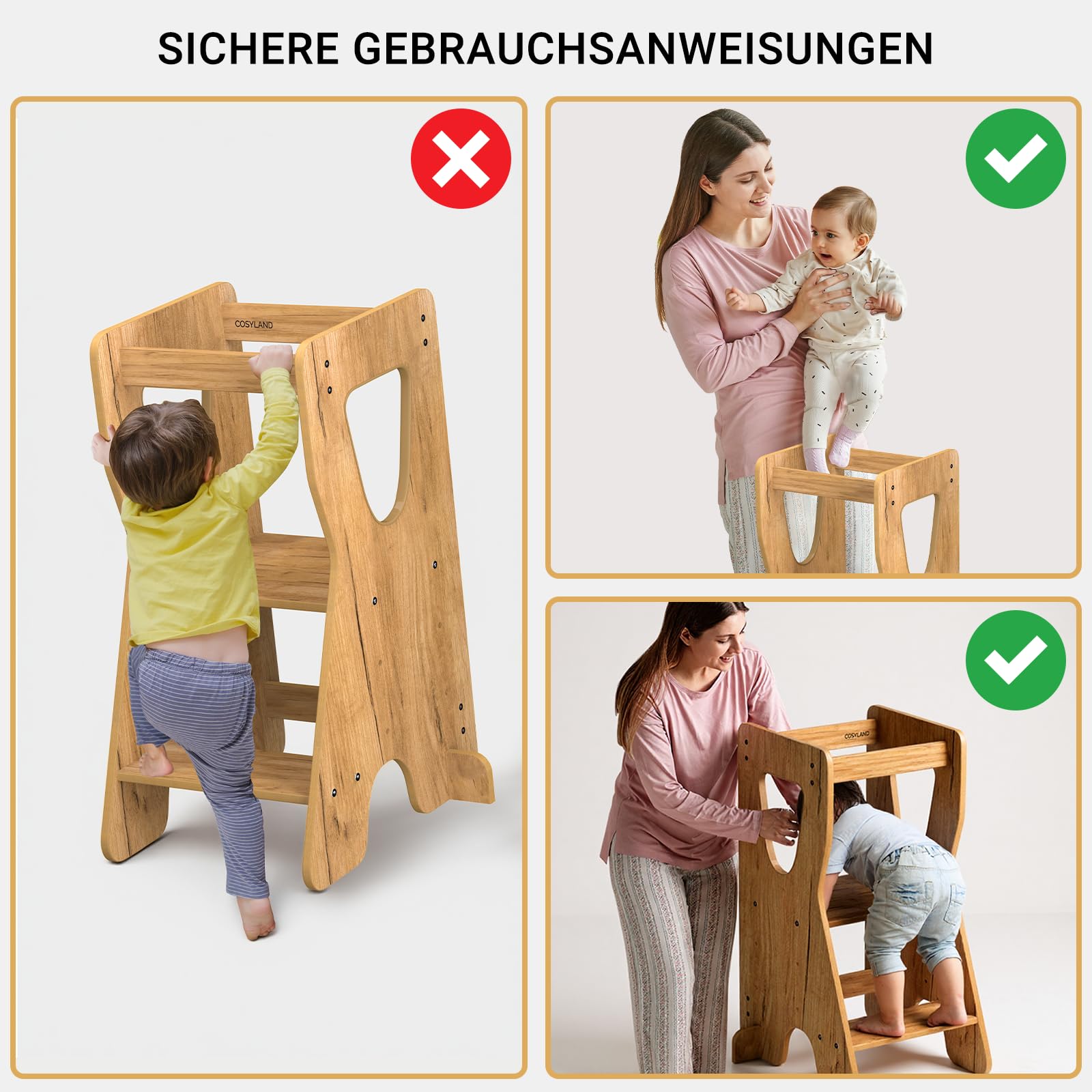 COSYLAND Lernturm ab 1 Jahr - Learning Tower - Höhenverstellbar Montessori Lernturm mit Kippschutz, Natur