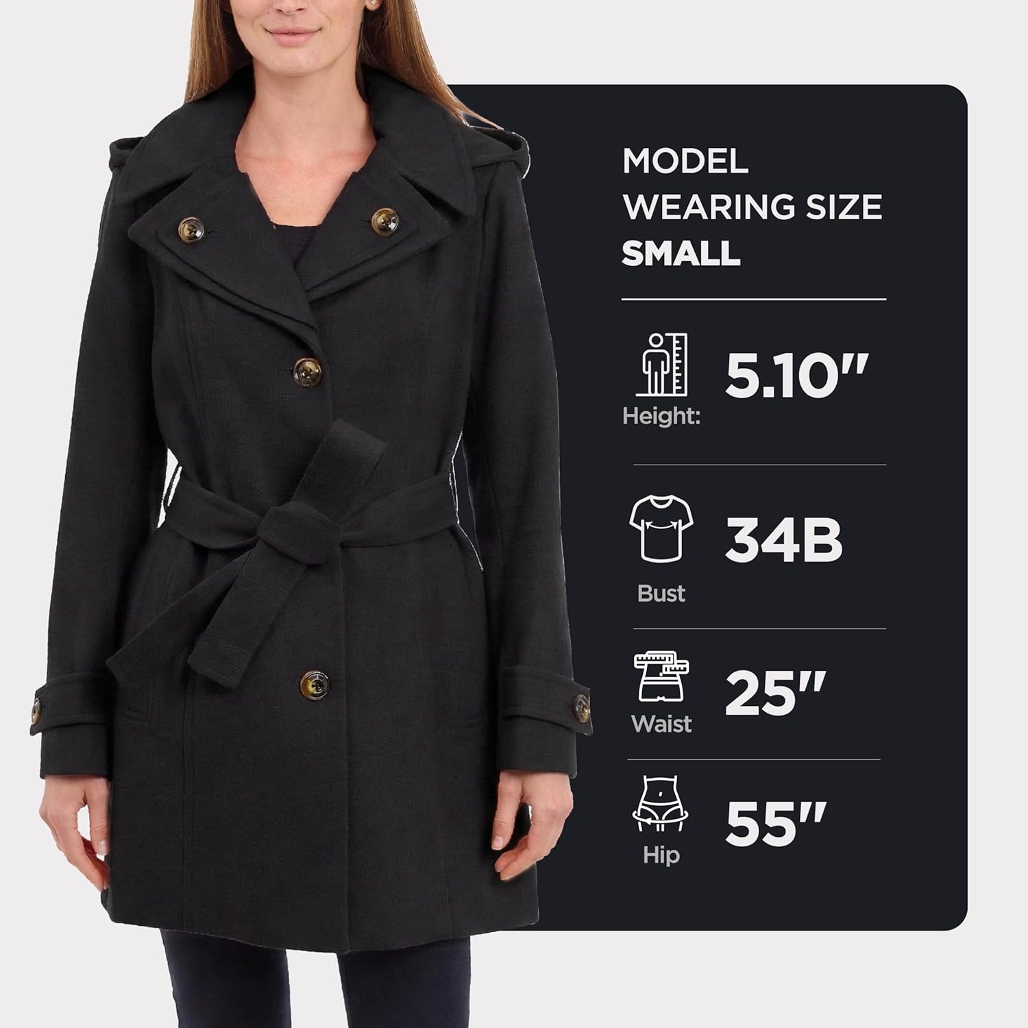 LONDON FOG womens Double Lapel Thigh Length Button Front Wool Coat With Belt