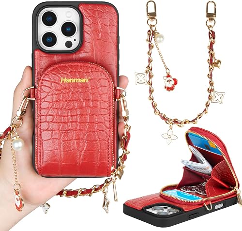 Hanman Leather Wallet Case with Wrist Strap for iPhone 16 Pro Max,RFID Blocking 