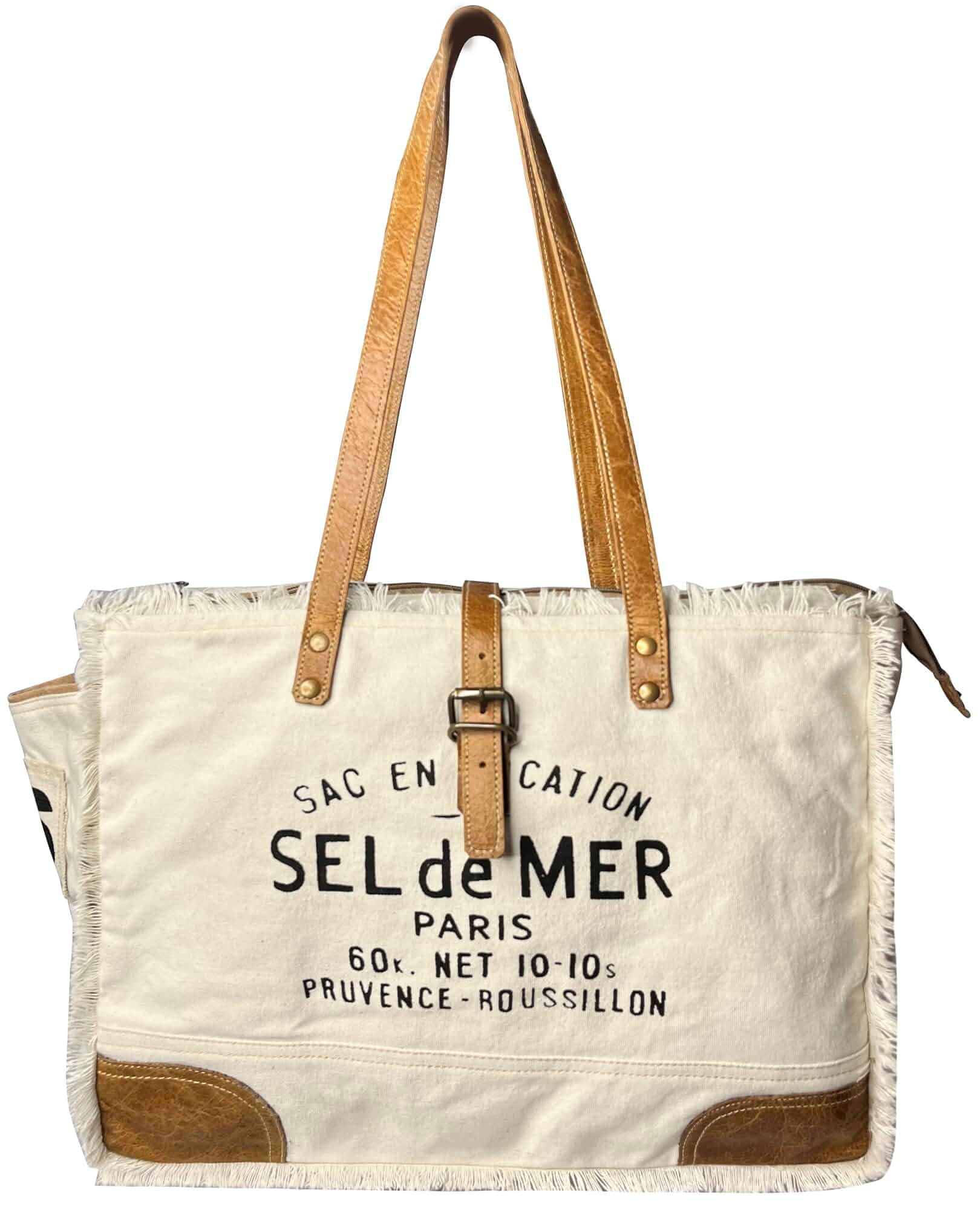 Canvas Leather Tote Bag for Women - Sel de Mer Upcycled Shoulder Handbag Spacious Compartment with Organized Interior, Zipper Closure, Leather Handles, Lightweight, Everyday Carry Shopping Purse
