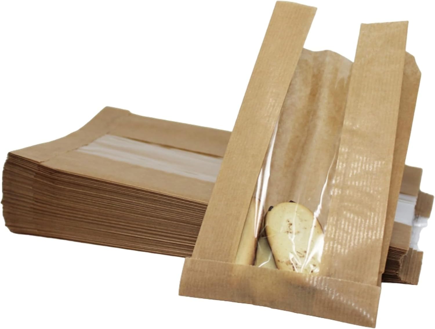 Bakery Bag with Window For Cookies or Pastries - 8.7 x 4.7 x 2 inches Brown Kraft Paper - Pastry Bagel - Sandwich - Trail Mix Bags (300)