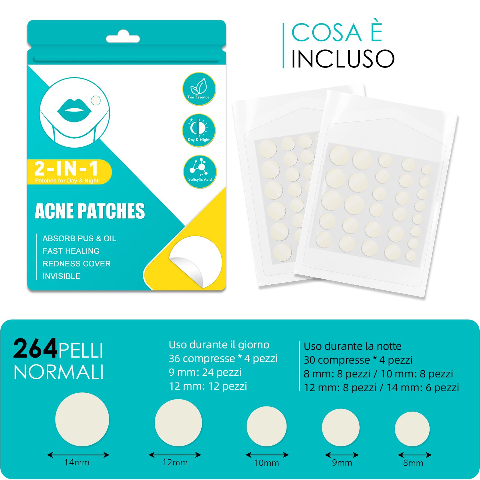 264pcs Cerotti Brufoli Pimple Patch Invisibili Per Acne Idrocolloide Naturale Con Olio Dell'Albero Del Tè E Acido Salicilico Giorno E Notte 2 In 1 Cerotto Impermeabile Patch Brufoli