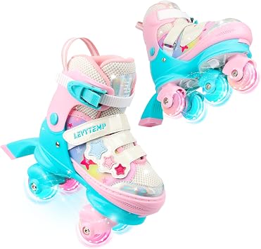 Kids Roller Skates for Girls Kids with Light Up Wheels, Adjustable 4 Sizes 10C-7.5Y, Star Design, Triple Safety System, Ideal Gift for Ages 3-12
