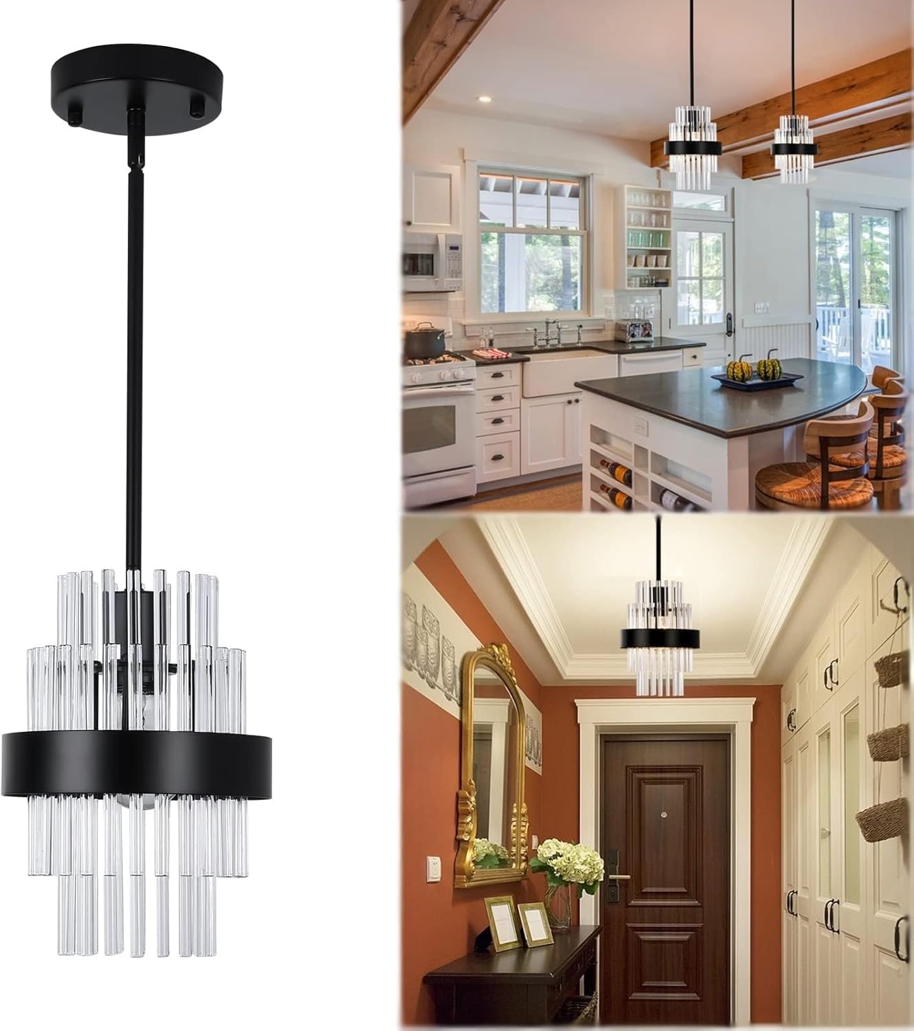 Moderne Hängelampe mit Batterie, 9 Farben dimmbar Pendelleuchte batteriebetrieben mit Fernbedienung, Glaslampenschirm Deckenlampe ohne Stromanschluss, ideale Lampe mit Batterie für Wohnräume.(Black)