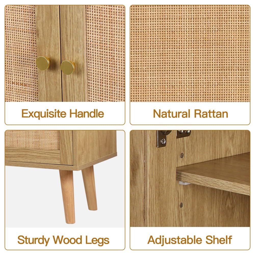 Natur Rattan Küchenschrank, Sideboard mit 2 Türen, Buffetschrank für Küche Aufbewahrungsschrank Möbel, Konsolentisch Kaffeebarschrank TV-Ständer für Wohnzimmer, Esszimmer, Flur