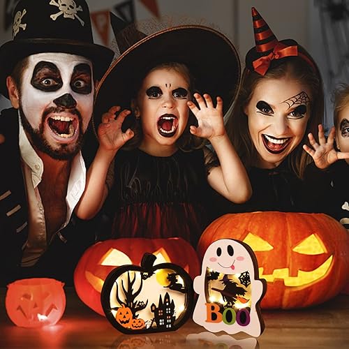 Miniatura 7 de CCINEE 2 piezas de decoración de mesa de madera iluminada de Halloween, centros de mesa de calabaza fantasma, letrero LED espeluznante para dulce o