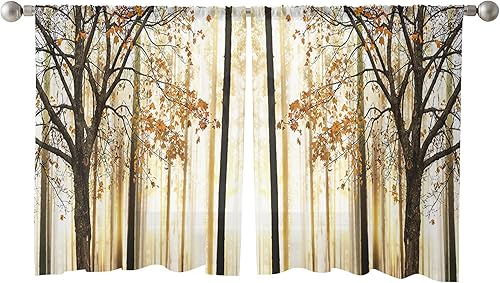 Miniatura 2 de AMZRicher Cortinas traslúcidas de 54 pulgadas de largo, juego de 2 paneles de cortinas románticas de abedul de otoño, hojas amarillas, cortinas de