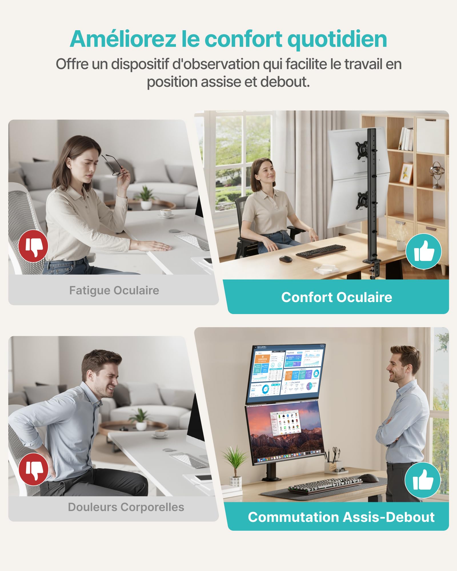 PEGZONE Support double écran pour écrans de 13–34 pouces, bras de moniteur vertical avec deux options de montage, support double réglable en hauteur, VESA 75x75/100x100 mm, jusqu'à 15 kg