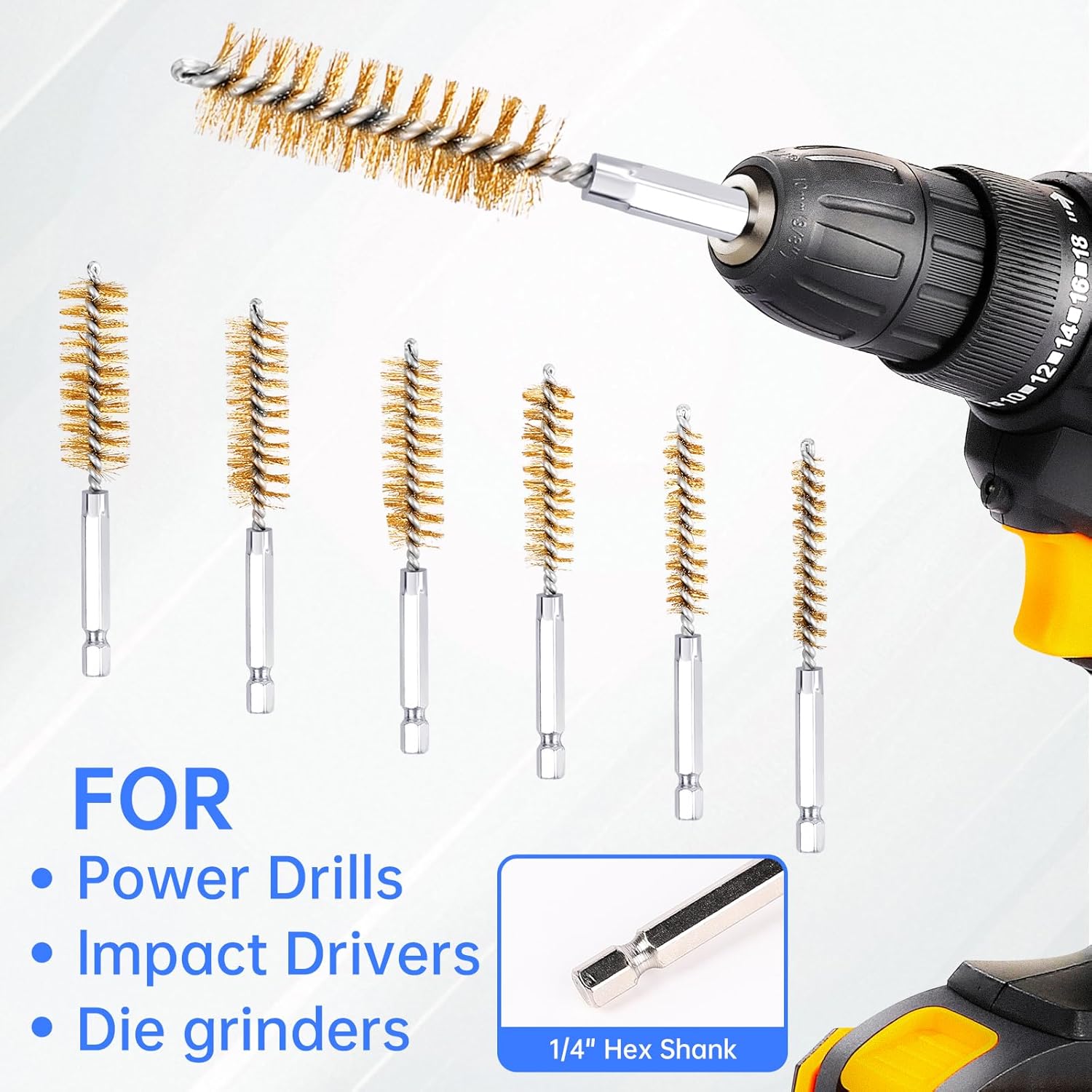 12 pcs Bore Brush for Drill, 6 Size Stainless Steel Bore Brush Kit with Hex Shank Handle, Cleaning Wire for Power Drill Impact Driver (Stainless Steel & Copper)