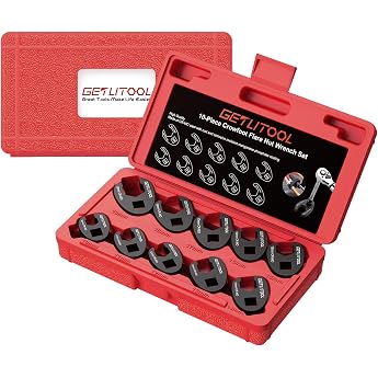 GETLITOOL 10-Piece Crowfoot Wrench Set Metric 10-19 mm 3/8 Inch Drive Made of Cr-Mo Steel Open-End Spanner Black in Storage Box for Car Repair Maintenance & DIY with Portable Storage Box