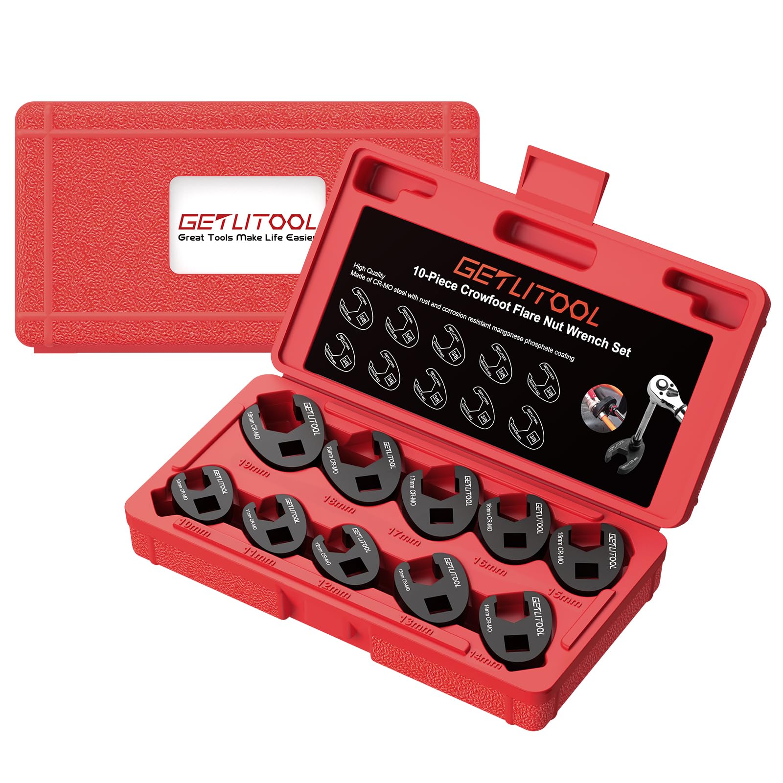 GETLITOOL 10Pcs 3/8" Drive Crowfoot Wrench Set, CR-MO Steel Crows Foot Wrench Set with Storage Case, Oil Pipe Wrenches with Black Phosphate Coating for Automotive and Plumbing, 10mm-19mm