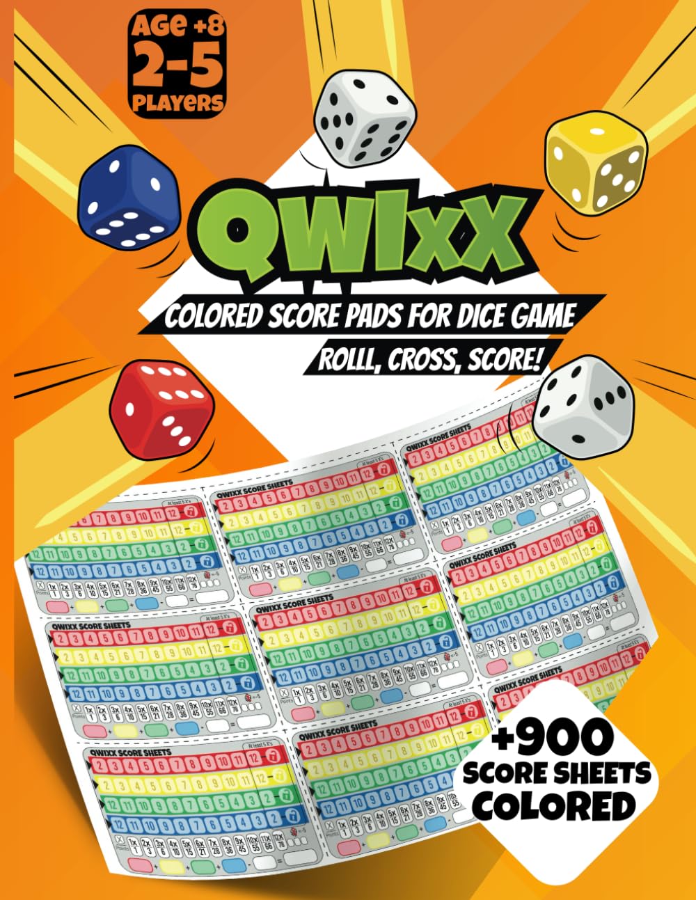 Qwixx Tapis de score 900 dés avec feuilles colorées, âge + 8 ans, 2 à 5 joueurs