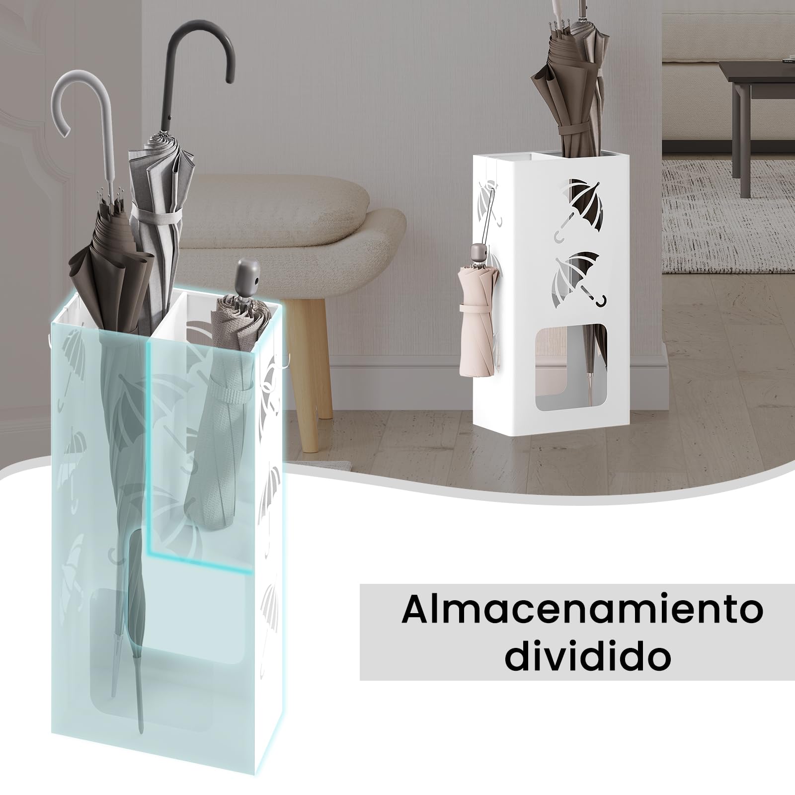 WOLTU Paragüero 4 Ganchos Soporte Paraguas Metal Antioxidante Blanco SST16ws