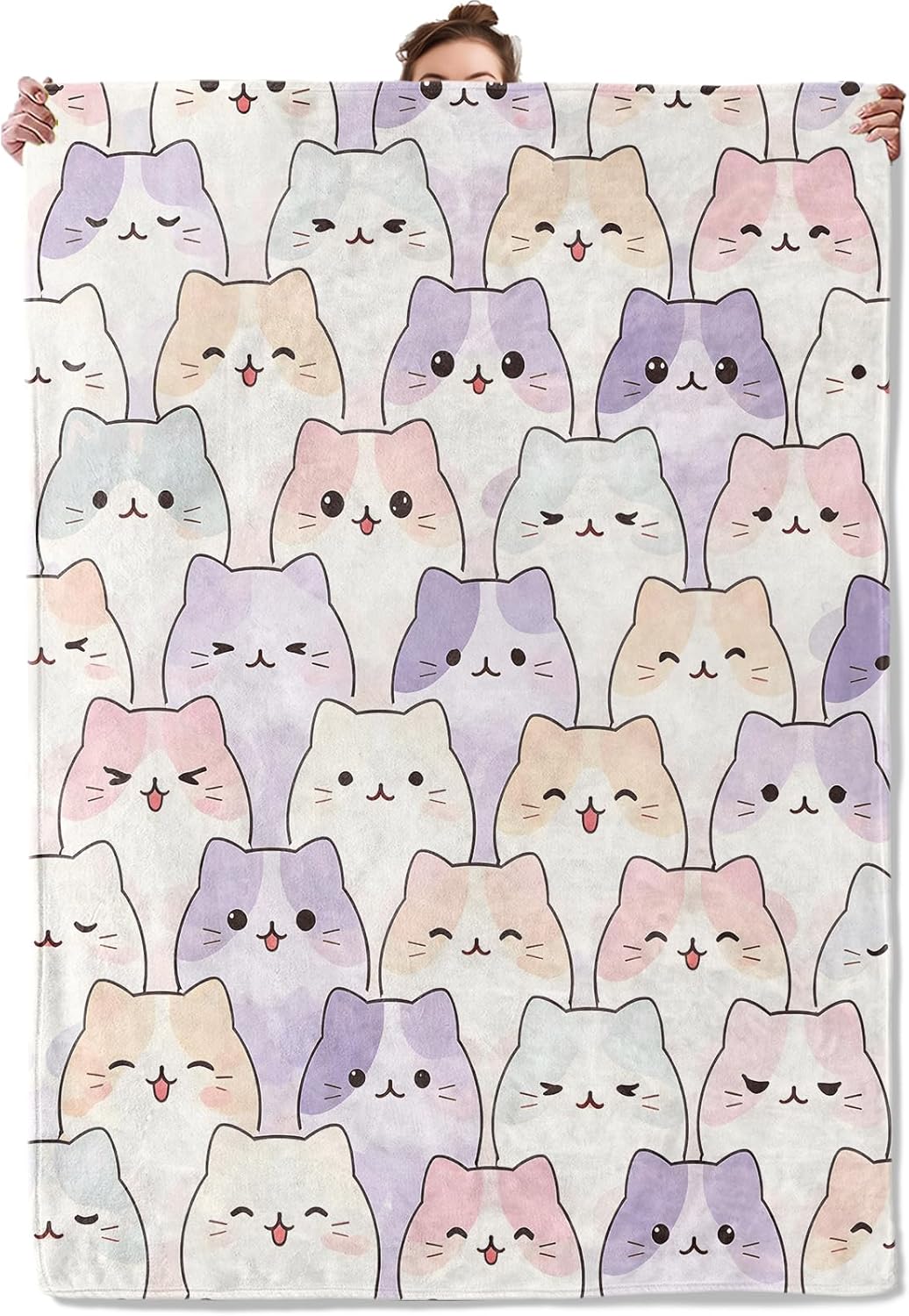 Cute Cat Face Flannel Throw Blanket Playful Cartoon Kitten Decor for Girls Women Pet Lovers Cozy Lightweight Fleece Blankets Bedroom Couch Dorm Camping Travel Gifts, 60x80inch