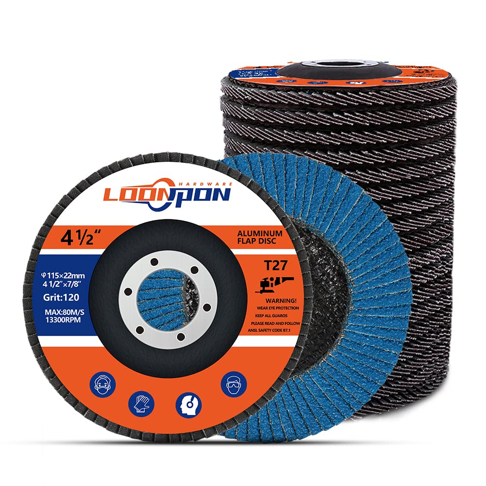 LOONPON Flap Discs 4 1/2 inch for Angle Grinder, Type 27 Zirconia Alumina Cut Off Wheels 4.5 inch 120 Grit, 7/8" Arbor Grinding Wheel, Heavy Duty Flap