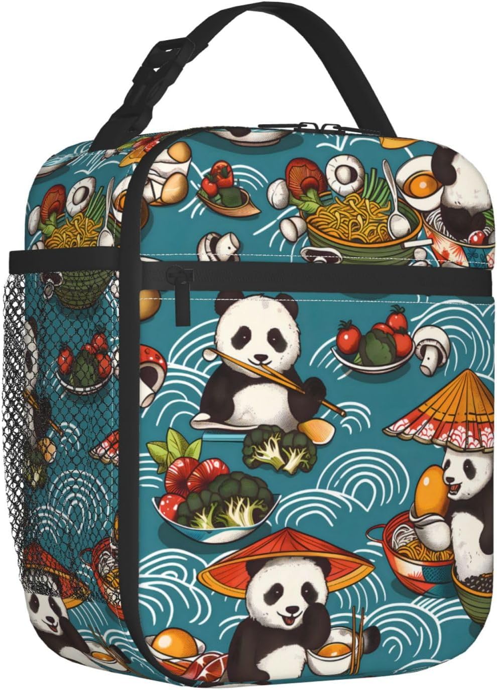 Panda Polyester Lunch Box for Kids Teen,Cute Reusable Thermal Lunch Bag for Adult Women,Food Insulated Tote Cooler Bags for School,Work,Picnic,Travel,Enjoying Asian Cuisine Design image 2
