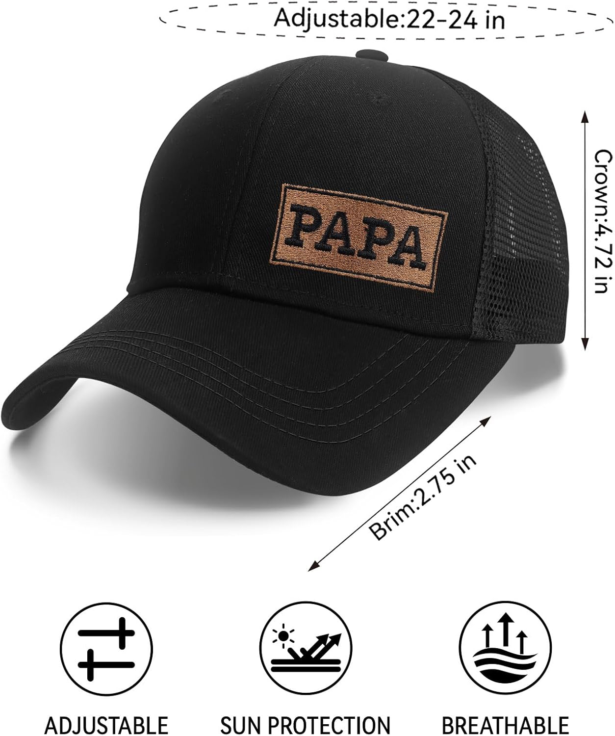 Papa Gifts, Papa Hats for Men Christmas Embroidered Letters Adjustable Baseball Cap Black - Image 3
