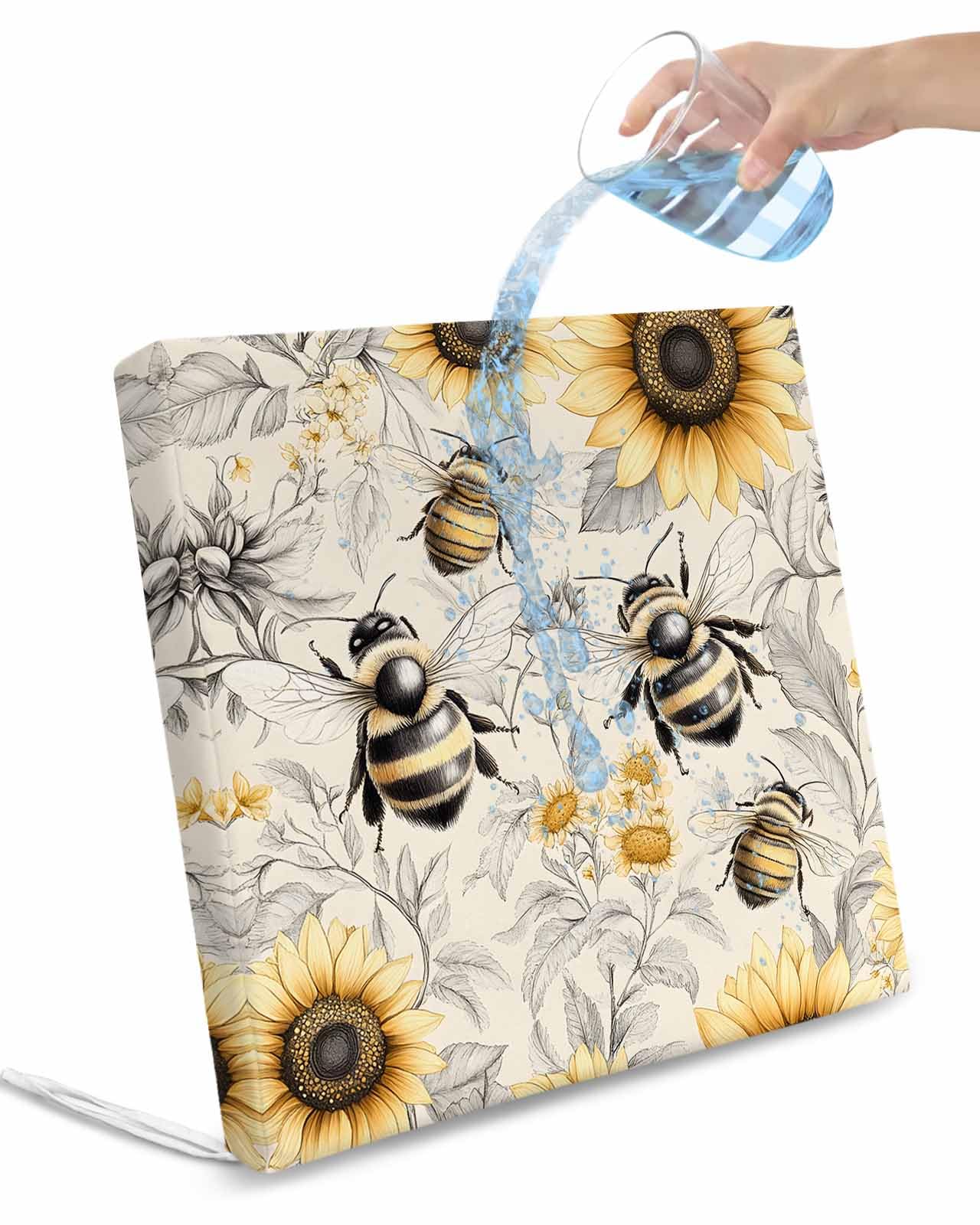 2 Pack Sunflowers Waterproof Cushion Covers with Ties, Outdoor Patio Chaise Lounge Chair Seat Cushion Slip Covers Replacement(Only Cover) Spring Farm Bees Garden Vintage 20