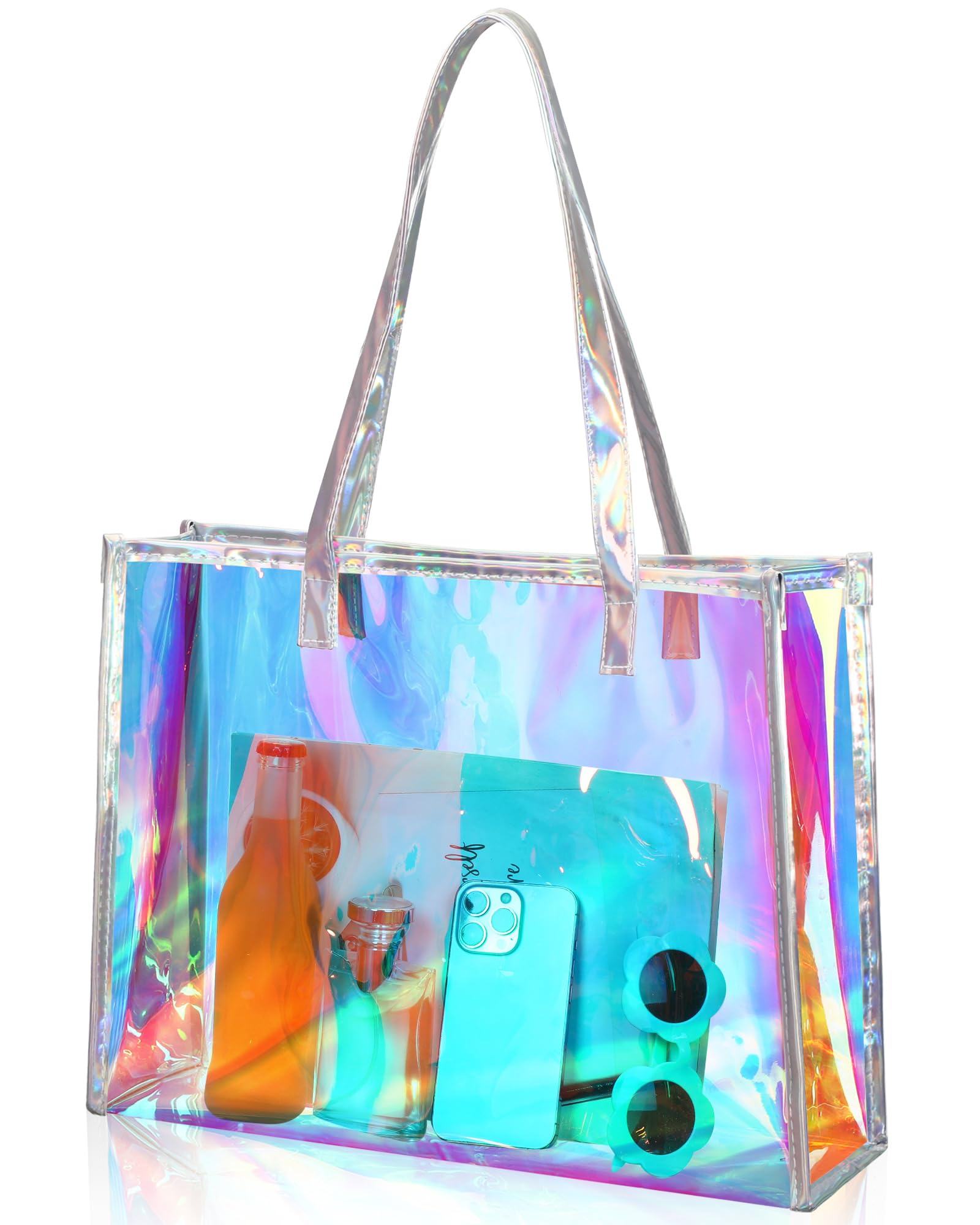 Aliceset Holographic Clear Tote Bag with Leather Handle Iridescent Bachelorette Beach Bag for Work Stadium Travel