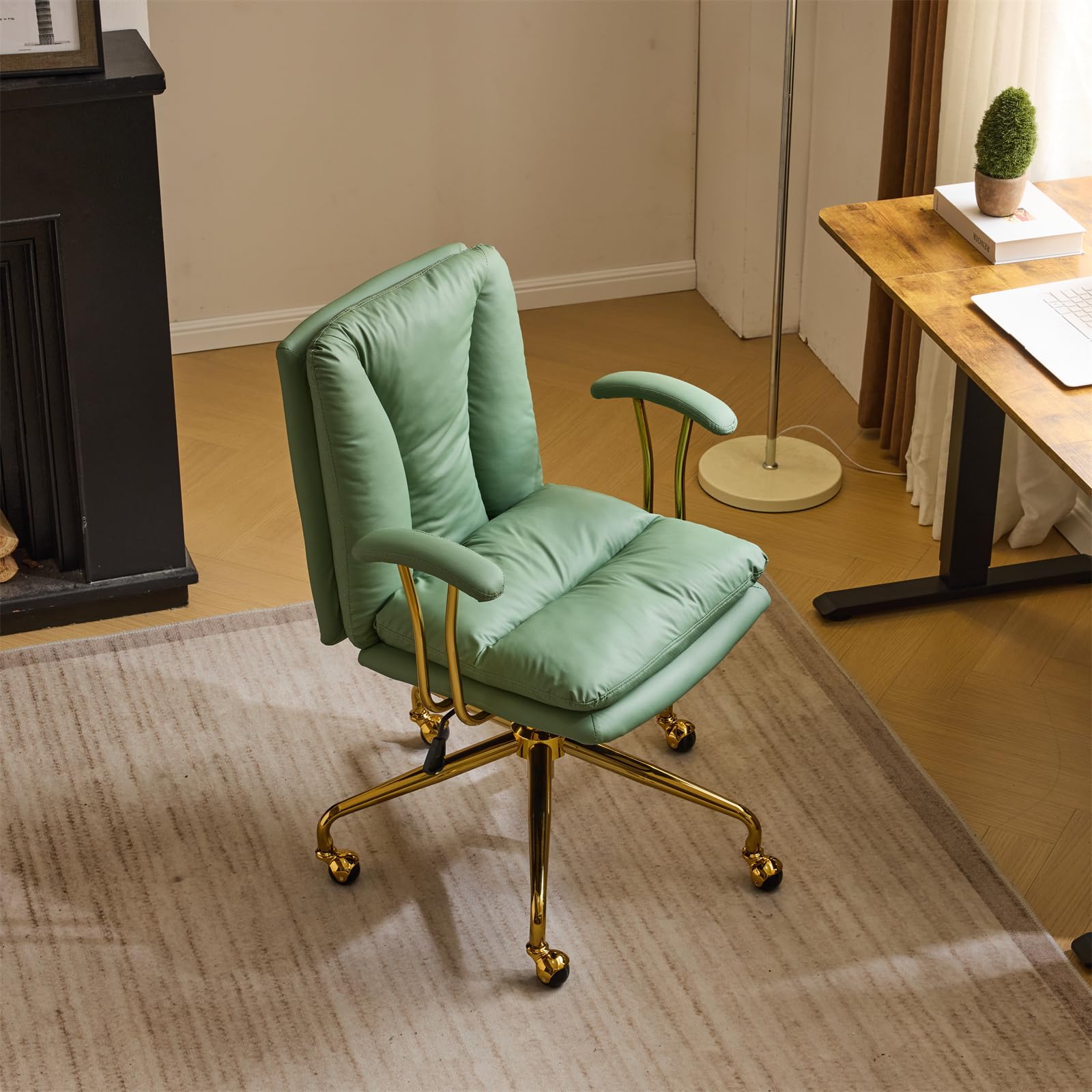 VINGLI Home Office Desk Chair Comfy with Wheels Removable Armrests Gold Base Vanity Chair with Back Adjustable Rolling